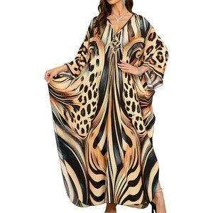 Women's Black Beige Zebra V Neck Batwing Sleeves Summer Cover Up Kaftan Dress